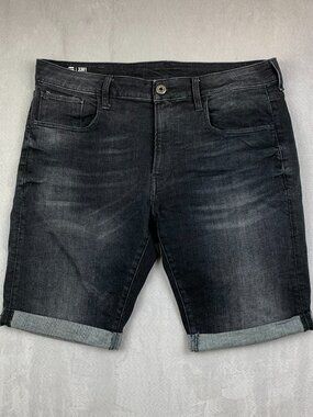 G Star Raw Mens Jean Shorts 36 Black Denim 3301 Slim 1/2 Cuffed Rolled 10"
